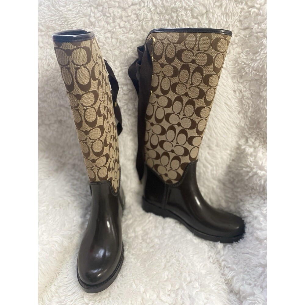 COACH Tristee Tall Rain Boots Signature Monogram Riding Boot HARD TO FIND